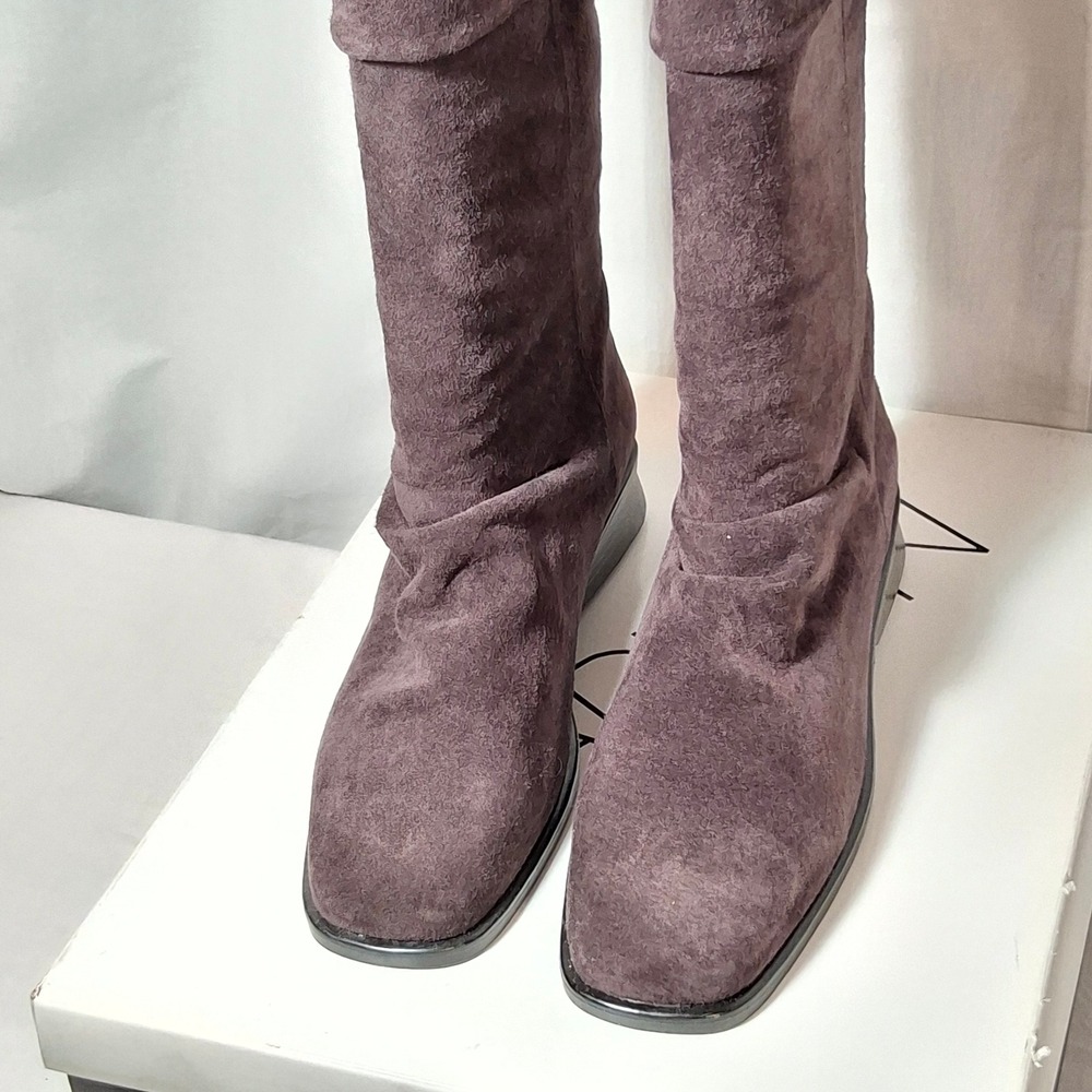 Markon Simon Purple Suede Slouch Boots Square Toe Low Wedge Womens 8W C1152
